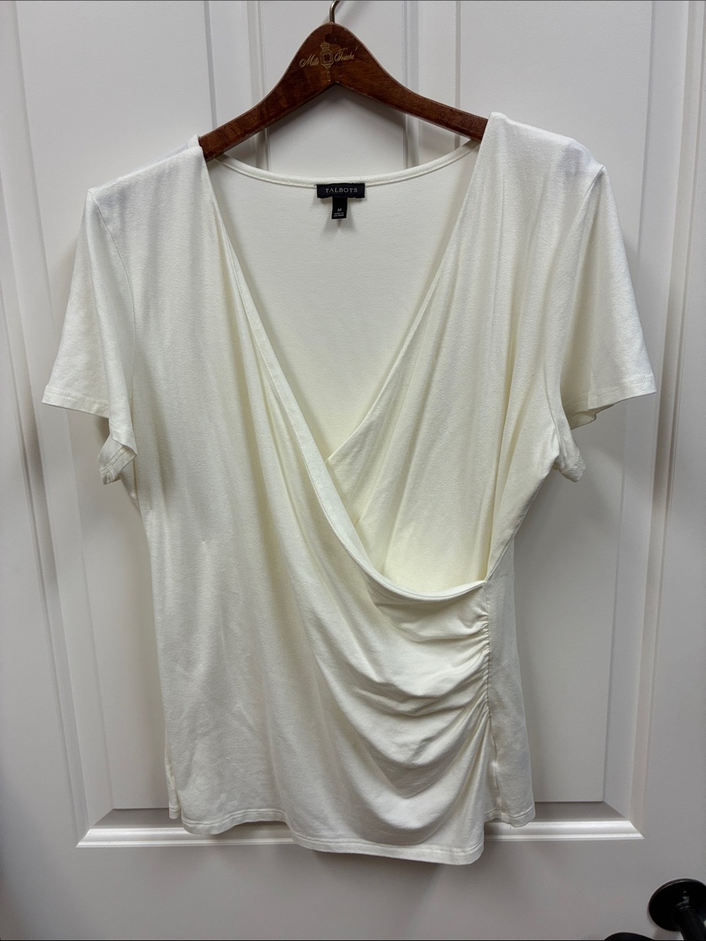Talbots Cream Draped Surplice Short Sleeve Top